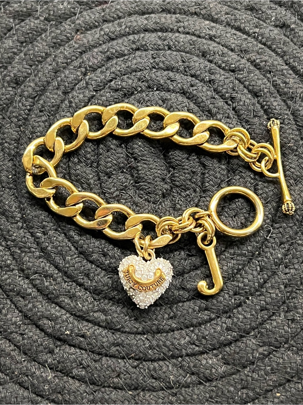 Juicy Couture Gold Toggle Charm Bracelet with Pavé Heart and J Charm